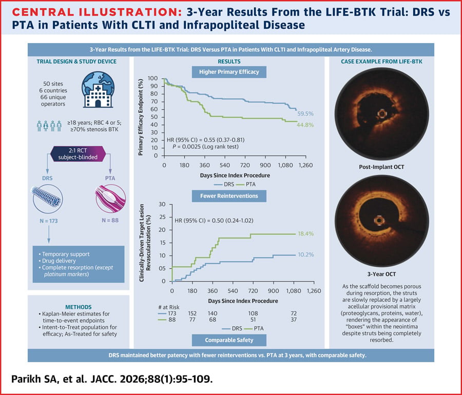 Long-Term Outcomes of a Drug-Eluting Resorbable Scaffold vs Angioplasty in Infrapopliteal Chronic Limb-Threatening Ischemia: 3-Year Results From the LIFE-BTK Trial